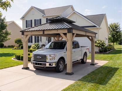 Aoxun 10' x 12' Outdoor Cedar Wood Hardtop Carport, Heavy Duty Gazebo with Double Galvanized Steel Roof, All-Weather Wind & Snow Resistant Permanent Pavilion for 2 Cars, Boat, Patio, Backyard