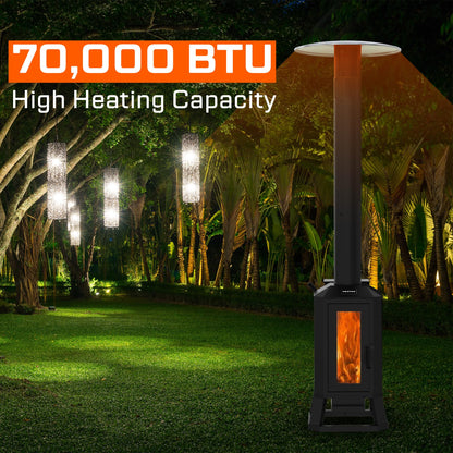 70,000 BTU Wood Pellet Outdoor Patio Heater with Glass Viewing Window – Pellet Heaters for Outdoor Use, Home, Gardens & Commercial - Portable with Wheels – Black