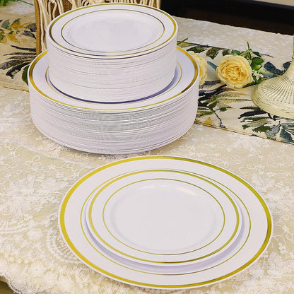 Zcaukya 100PCS Gold Plastic Plates, Disposable Plastic Dishes with Gold Rim in Bulk, 50 Pcs Each 10.25 Inch and 7.5 Inch for Dinner, Birthday and Wedding