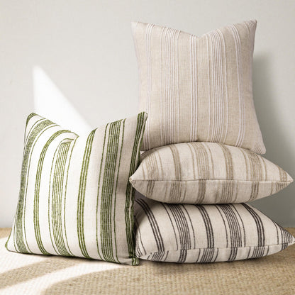 AELS 20x20 Decorative Farmhouse Linen Throw Pillow Covers, Beige with Olive Green Chenille Striped Pillow Case, Set of 2, Boho Textured Cushion Cover for Sofa Couch Living Room (Cover ONLY)