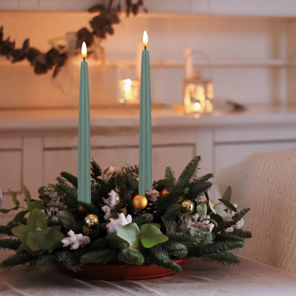 CVHOMEDECO. Flameless Taper Candles with 10-Key Remote, Battery Operated Led Flickering 3D Wick Window Candles Real Wax Finished Home Christmas Party Decor 0.78 x 11 Inch, Pack of 2, Grey Green
