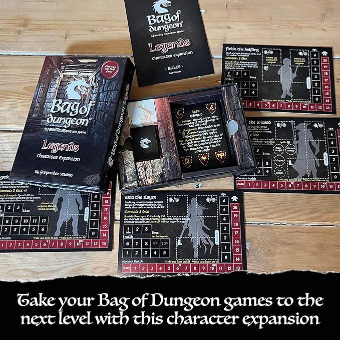 Bag of Dungeon Bag of Dungon Legends Character Expansion Pack - use with Any Board Game - with Added Destiny Skill Cards Encounter Cards and 4 new Brave Heroes - (2nd Edition)