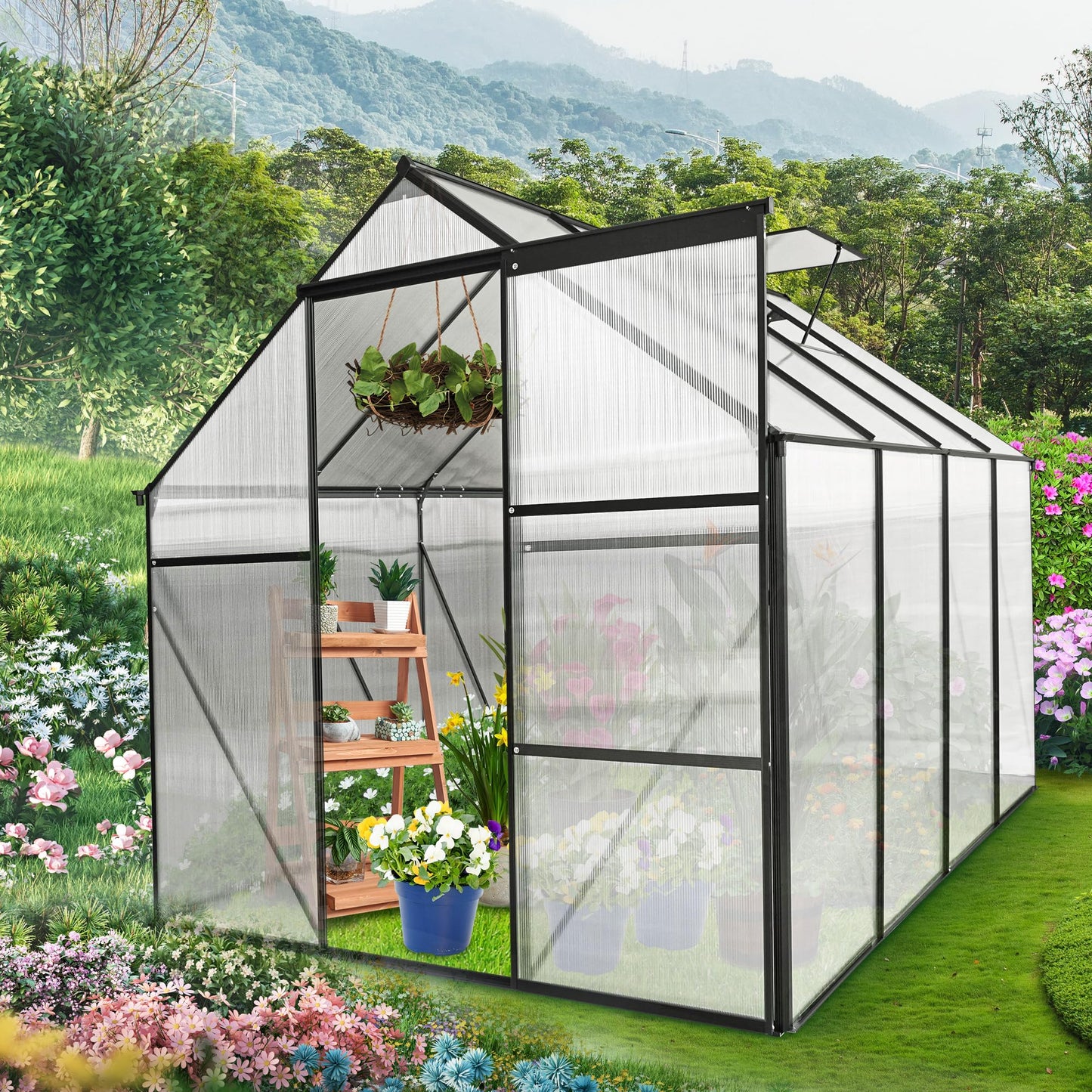 Acosure 6x8 FT Polycarbonate Greenhouse, Walk-in Garden Plants Heavy Duty Green House, Weatherproof Aluminum Hot House w/ Raised Base and Sliding Door & Vent for Outdoor Backyard, Black