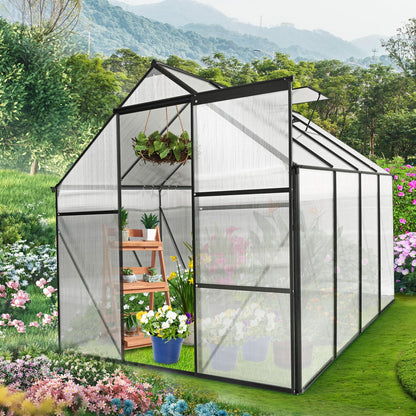 Acosure 6x8 FT Polycarbonate Greenhouse, Walk-in Garden Plants Heavy Duty Green House, Weatherproof Aluminum Hot House w/ Raised Base and Sliding Door & Vent for Outdoor Backyard, Black