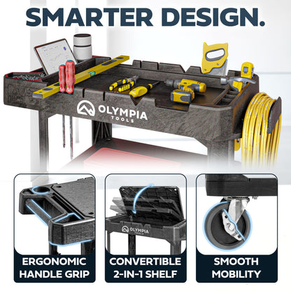Olympia Tools Heavy Duty Utility Work Cart | 2 in 1 Convertible 3 Shelf to Flat Top Workstation | 660 lb Capacity, HDPE Frame, Ladder Hook, 4 Swivel Wheels | Tool Carts for Garage & Maintenance
