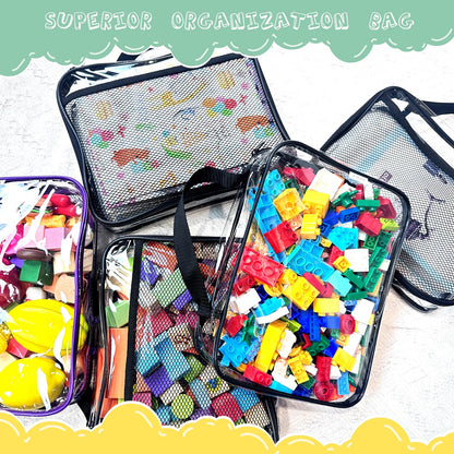 4 Pack PVC Toy Zippered Blocks, 11.8"X3" X9" Travel Storage Case Bags for Organizing, Waterproof Toy Storage Bags with Mesh Pockets for Building Blocks, Puzzles, Clays,Toy Cars