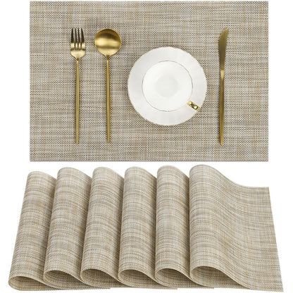 SHACOS Placemats Set of 6 Woven Vinyl Place Mats Wipeable Heat Resistant Stain Resistant Table Mats Indoor Outdoor, Beige