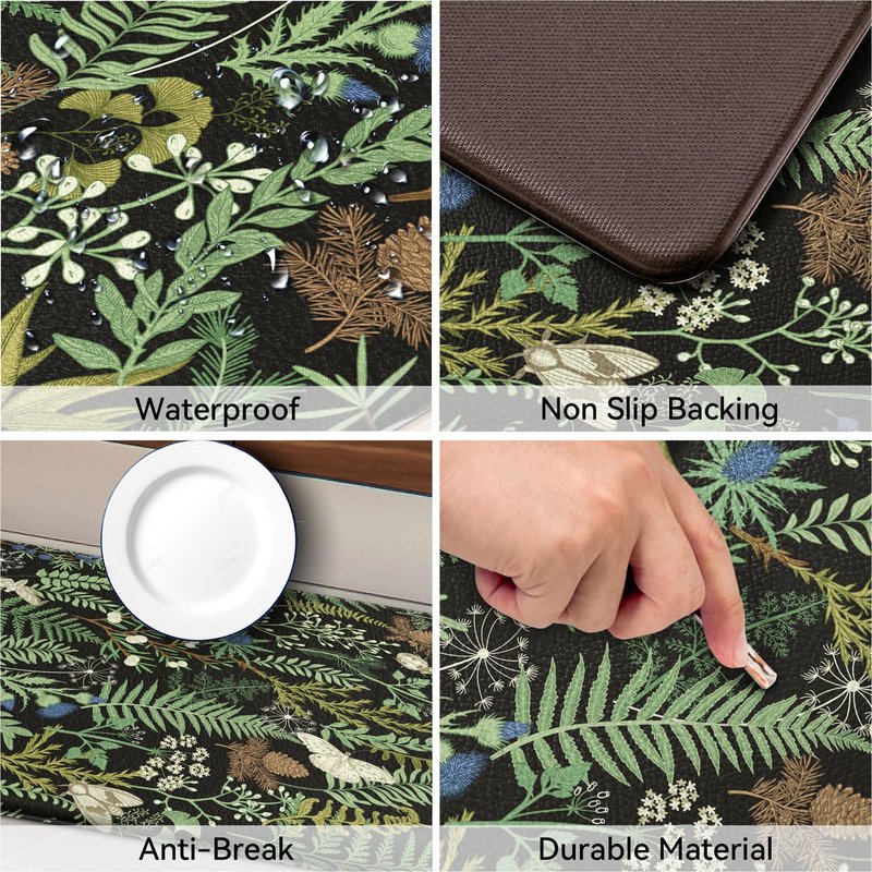 Black Green Botanical Kitchen Rugs Set of 2 Plant Leaf Anti-Fatigue Kitchen Mat Natural Comfort Standing Waterproof PVC Mats 2/5" Thick Leather Carpet for Laundry Office Sink(17.3" x28" + 17.3" x 47")