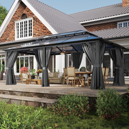 Aoxun 12'x20' Hardtop Gazebo, Aluminum Frame Permanent Pavilion with Curtains and Netting, Outdoor Polycarbonate Double Roof Canopy, Designed for Garden, Lawns, Patio, Gray