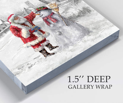 Renditions Gallery Xmas Canvas Paintings for Home Decorations Joyful Santa with Snowman in in Winter Snow Abstract Wall Art for Dining Living Room Kitchen Decor - 32"X32" LT05