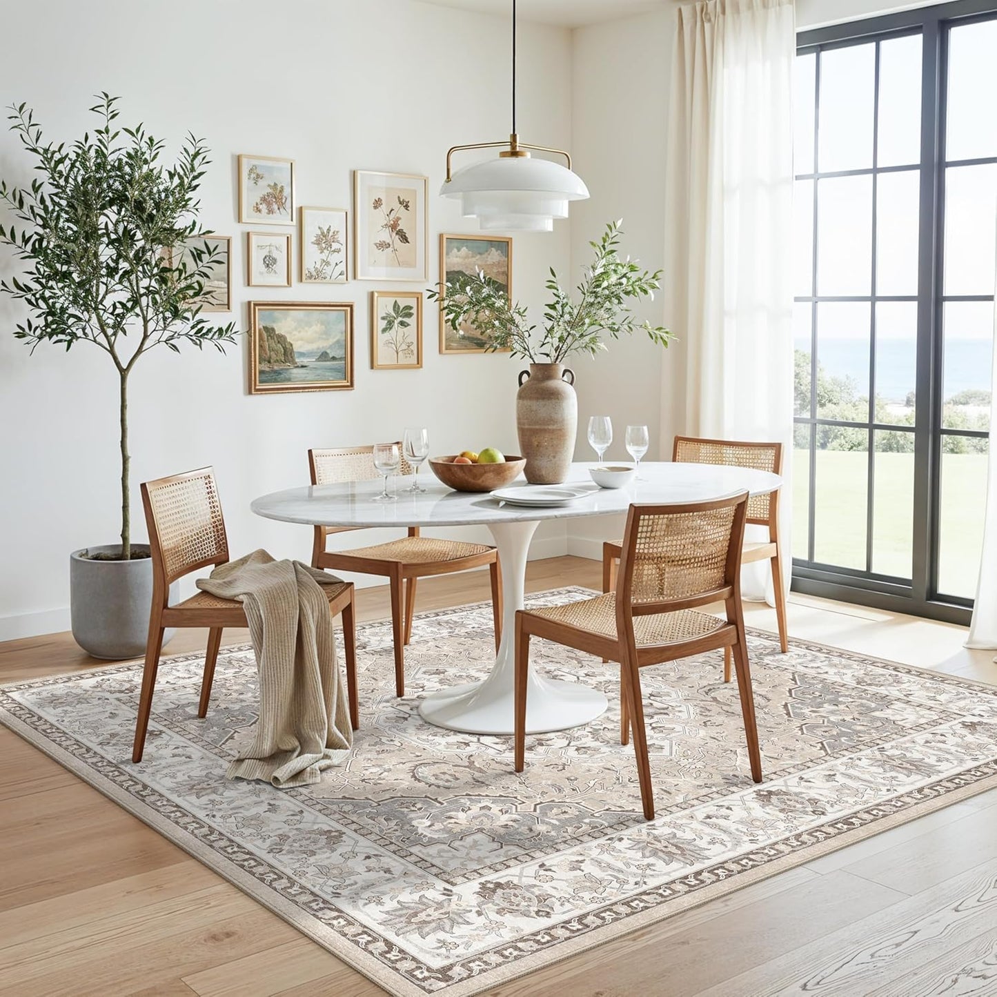 Skiennix Washable 5x5 Square Area Rug - Non-Slip, Stain-Resistant, Lightweight Beige Carpet for Home