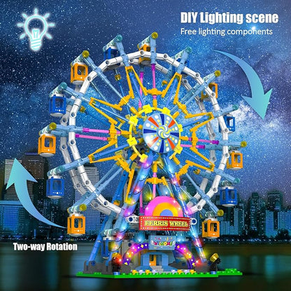 2026 Newly Upgrade Ferris Wheel Building Set with Fairy Light Two-Way Rotating Ferris Wheel Building Blocks Set of 813 PCS Amusement Park Model Kit for Kids Ages 8+ Ideas Gift for Boys and Girls