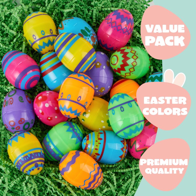 JOYIN 36PCS 2.3" Printed Empty Colorful Plastic Eggs Fillable, Bright Plastic Eggs Bulks for Festival Hunt, Filling Treats, Party Favor, Basket Stuffers, Classroom Prize Supplies