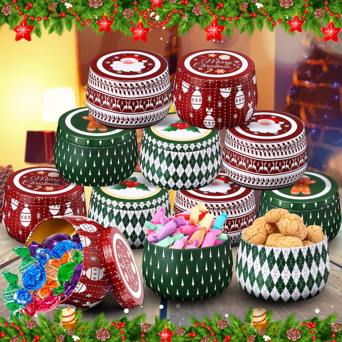 Yungyan Christmas Candle Tin Cans Set Metal Candles Tin Gifts Jars with Lids 8 oz Christmas Cookie Tins Candle Containers for Storing Biscuits Tea Party Favors(12 Pcs)