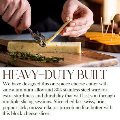 Bellemain Stainless Steel Wire Cheese Slicer - Hand Held Cutter for Cheddar, Gruyere, Raclette, Mozzarella Block, Adjustable Shaver, Thick & Thin Slicer, Curler (Silver)