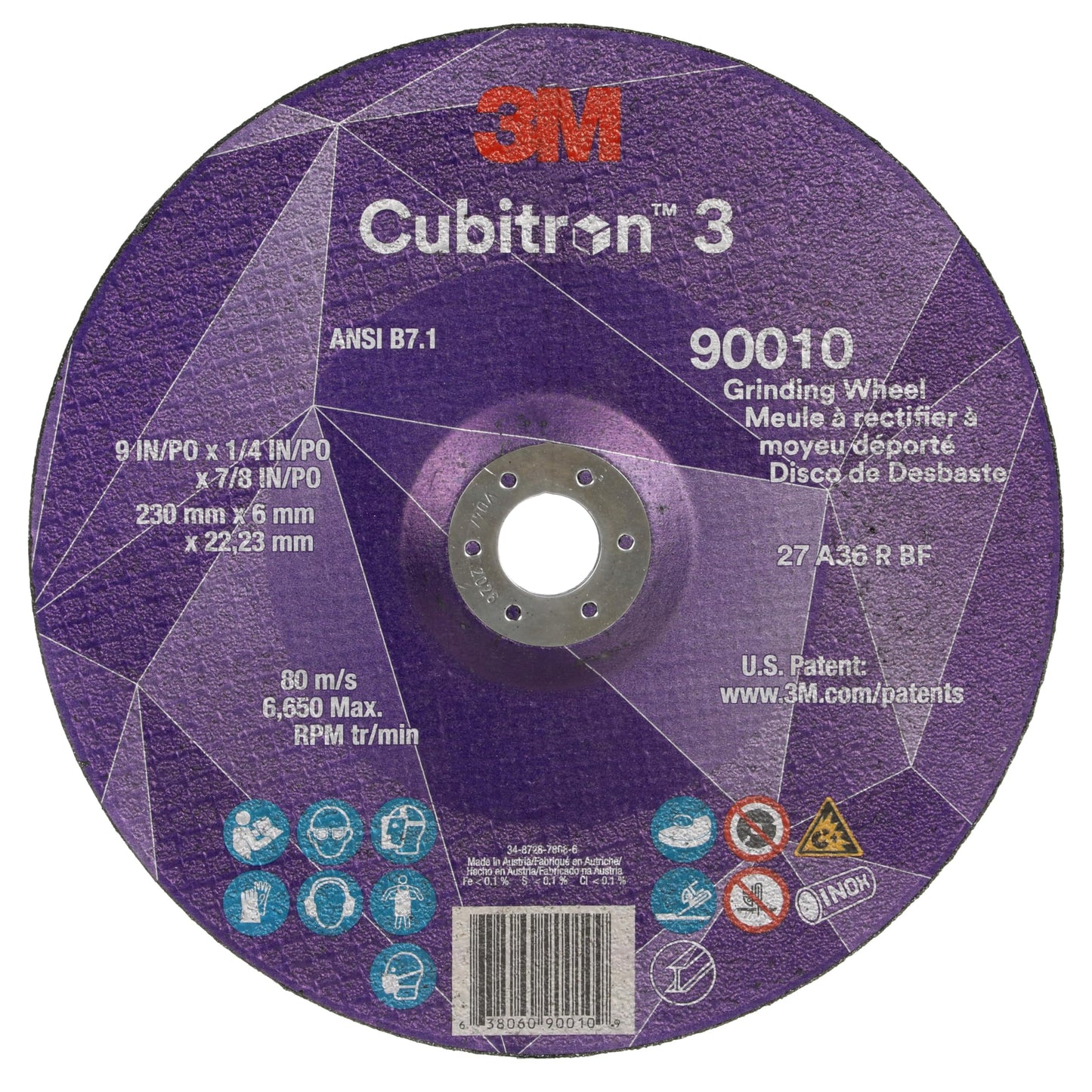 3M Cubitron 3 Depressed Center Grinding Wheel, 90010, 36+, T27, 9 in x 1/4 in x 7/8 in, Pack of 10, ANSI, Precision Shaped Grain, Beveling, Weld Grinding, Heavy Deburring, Slag Removal