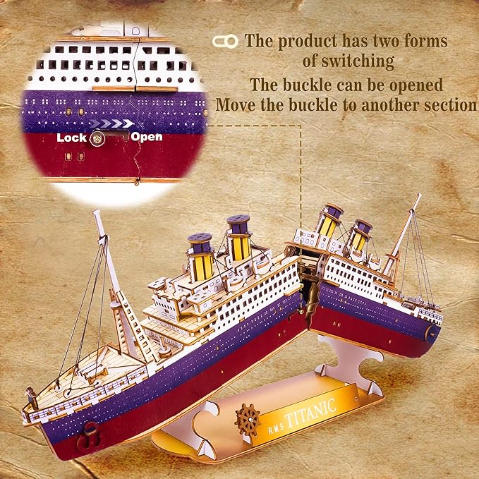Titanic 3D Puzzles for Adults LED Titanic Metal Ship Model Building Kits for Home Desk Decor 368 Pcs Wooden DIY Arts and Crafts Collection Gifts for Couples Women Teens 14 +