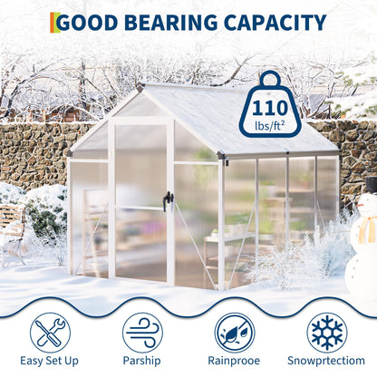 6X8FT Greenhouse, Aluminum Polycarbonate Outdoor Green House, Green Houses for Outside with Sliding Doors, Ajustable Roof Vent, Withstands Bad Weather for Garden, or Backyard, Silver