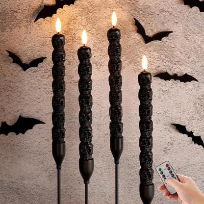 Girimax Black Skull Halloween Flameless Taper Candles with Remote, Flickering Spooky LED Wax Candlesticks Battery Operated, Set of 4