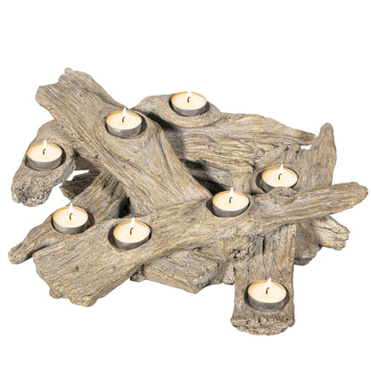 Plow & Hearth Faux Driftwood Fireplace Candle Holder, Resin Log Insert for Fireplace Decor, Holds 8 Fireplace Candles for Inside Fireplace, Coastal Beach Cozy Living Room Fireplace Decorations