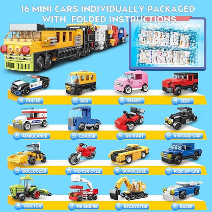 16 Pack Building Blocks Party Favors for Kids Lego-Compatible 2 in 1 710pcs Building Kits Mini City Vehicles Include Police Car &amp Train Christmas Toy Gifts Goodie Bag Filler Stuffers for Boys Gi