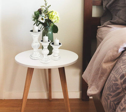 Candle Stands Wooden for Pillar Candles,Rounded Turned Colums, Sustainable Woods, Country Style, Ideal for Reiki, Aromatherapy, Votive Candle Gardens Home décor - 10,8,6 Inch Set of 3 - Antique White