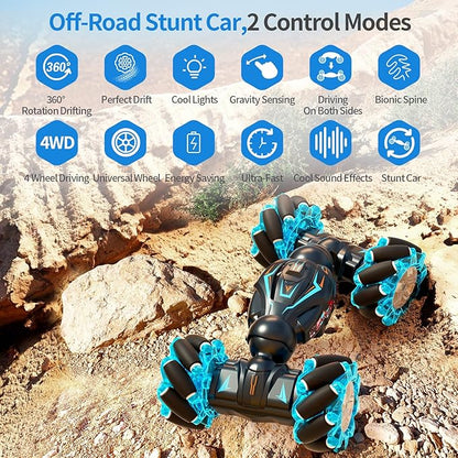 Deejoy 1:12 Gesture Sensing RC Stunt Car 2.4GHz 4WD Hand Controlled Remote Control Car for Boys 8-12 Double Sided Rotating Off Road Vehicle 360° Flips with Lights Music for Birthday