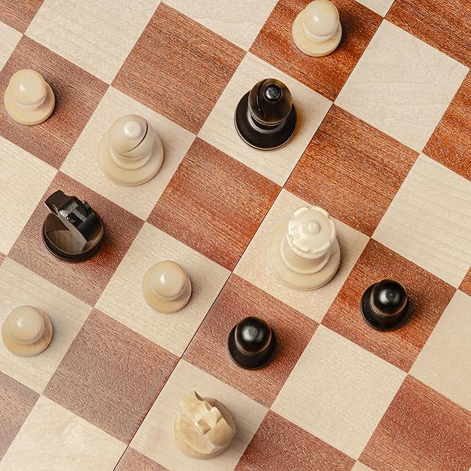 A&ampA Premium Folding Chess Set 19 Wooden Board &amp 3.75 King Height Staunton Pieces with 2 Extra Queens Portable Travel Game Set (Natural Mahogany 19 Inches)