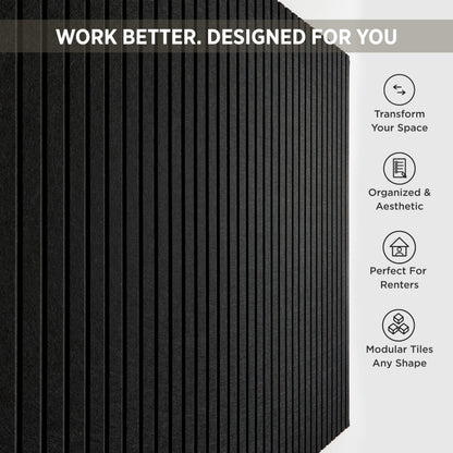 VIVELDA Felt Bulletin Board Tiles 48"x36" - 12-Pack Cork Board Alternative, Oeko-TEX Certified, NRC 0.95 Acoustic Wall Panels, Damage-Free Adhesive, Slatted Design, Home Office & Classroom (Black)