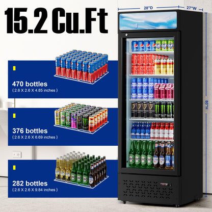 Beverage Cooler Commercial Refrigerator 15.2 Cu.Ft. Glass Door Display Refrigerator with LED Light, 5 Shelves, Display Commercial Beverage Refrigeratorfor Restaurant Cafe Bar Store (15.2 Cu.Ft.)