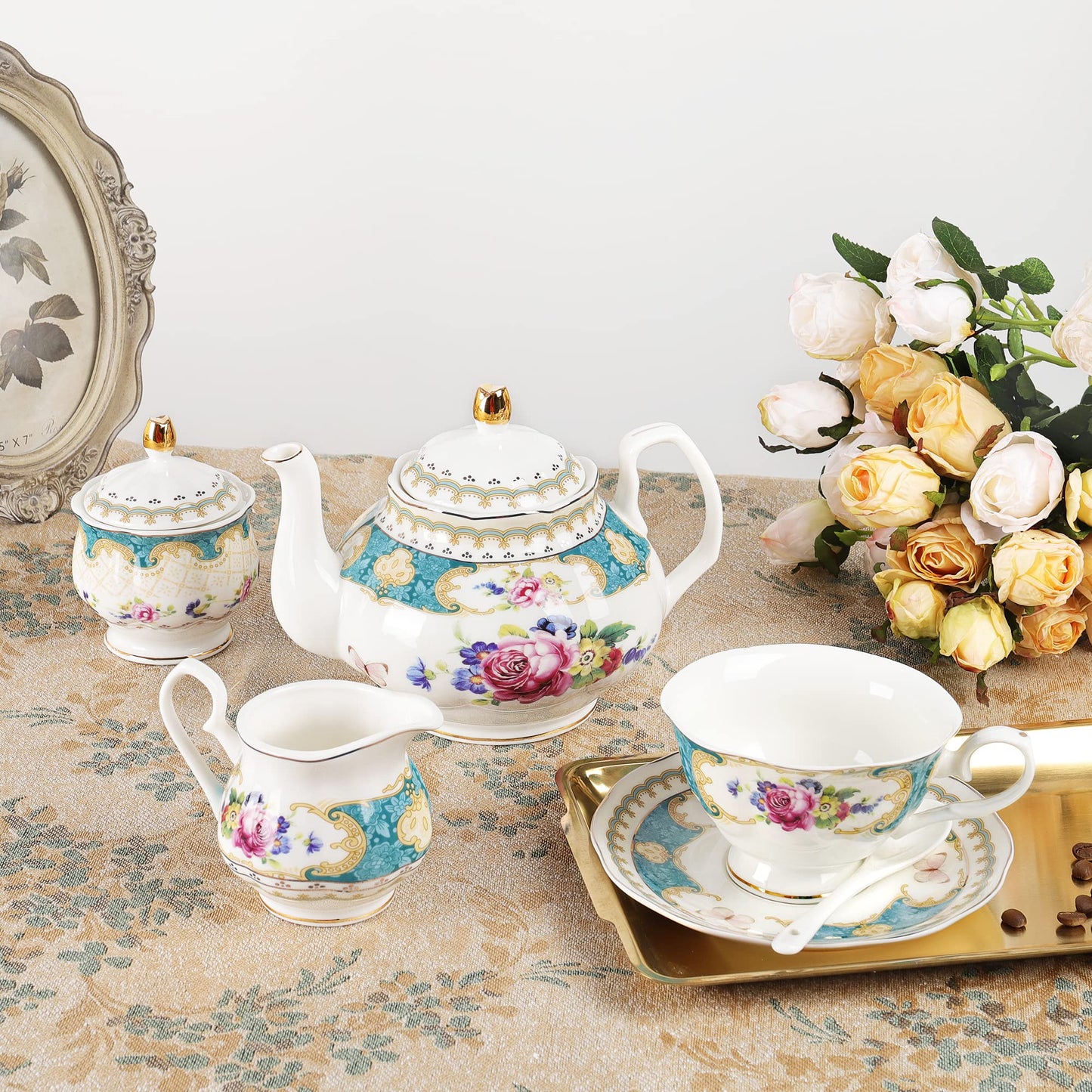 fanquare 21 Piece Floral Porcelain Tea Set, British Tea Cup and Saucer Set for 6, Tea Party Set for Women, Blue Roses