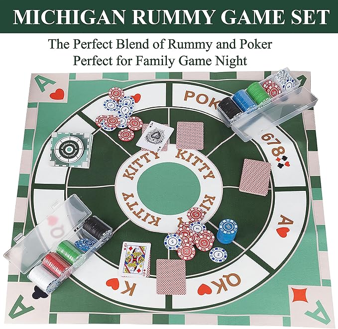 Extguds Michigan Rummy Deluxe Board Game Set: Felt Game Mat + 2Boxes of Playing Chips (200 Pieces)+1Deck of Poker+1Game Manual.The Perfect Blend of Rummy and Poker Perfect for Family Game Night