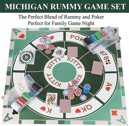 Extguds Michigan Rummy Deluxe Board Game Set: Felt Game Mat + 2Boxes of Playing Chips (200 Pieces)+1Deck of Poker+1Game Manual.The Perfect Blend of Rummy and Poker Perfect for Family Game Night