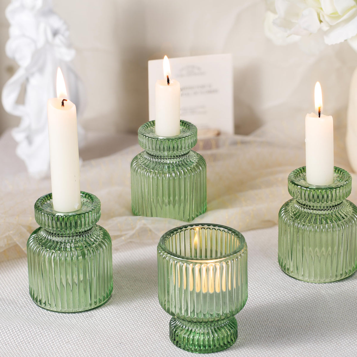 DARJEN 12 Pcs Glass Candlestick Holders- Green Taper Candlestick Holders Tealight Votive Candle Holders for Table Centerpieces, Wedding, Dinner Party, Home Decor