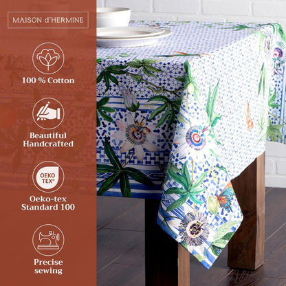 Maison d' Hermine Table Cloth Square Table 100% Cotton 60 x 60 Inches Tablecloth Reusable Decorative for Dining Kitchen Room Farmhouse Home Gifts for Mothers Day Spring Summer - Passiflora