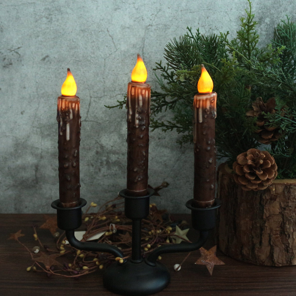 CVHOMEDECO. Real Wax Hand Dipped Battery Operated LED Timer Taper Candles Country Primitive Flameless Lights Décor, 6-3/4 Inch, Brown, 2 PCS in a Package