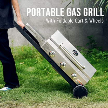 BBQ Gas Grill 3-Burner with Foldable Cart & Side Table, Premium Portable Propane Grill with 22" Cooking Grate for Outdoor Patio Backyard Barbecue Camping Tailgating RV, Stainless Steel, Classic GS308
