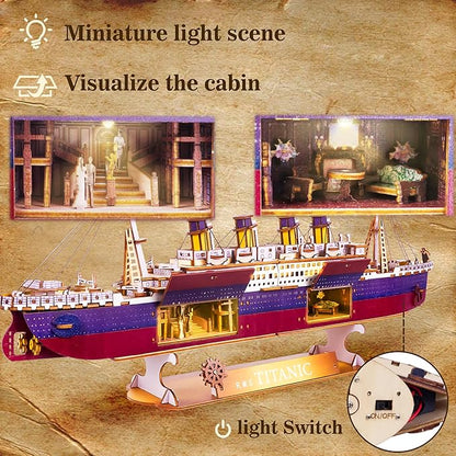 Titanic 3D Puzzles for Adults LED Titanic Metal Ship Model Building Kits for Home Desk Decor 368 Pcs Wooden DIY Arts and Crafts Collection Gifts for Couples Women Teens 14 +