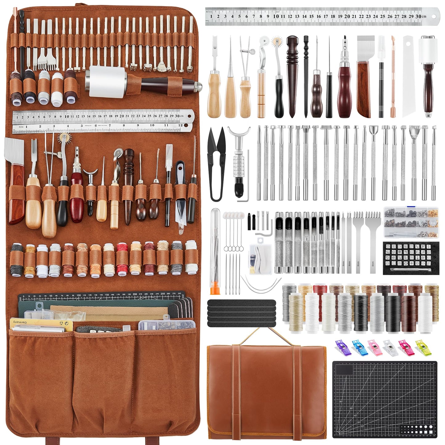 SAKERNEO Leather Working Tools kit Max Version with Custom Handbag Cutting Mats Engraving Punching Sewing Stamping Sanding Tools for Handicraft Work,Repair