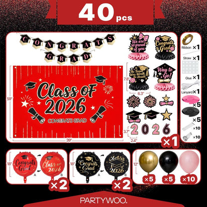 PartyWoo Graduation Decorations Class of 2026 Grad Party Supplies Set with Congrats Grad Red Black Pink Backdrop Banner Hanging Swirls Foil Latex Balloons Graduation Cap Centerpieces Party 40pcs