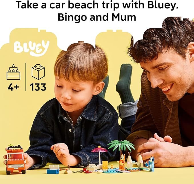 LEGO Bluey: Bluey’s Beach &amp Family Car Trip - Toddler Learning Toy for Kids 4+ - Includes Bluey Bingo and Mum Minifigures - Birthday Gift for Boys and Girls Ages 4+ - 11202