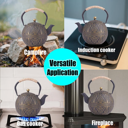 Enameled Cast Iron Teapot 34oz（1000ml） - Japanese Style Kettle with Removable Stainless Infuser & Ergonomic Handle, Stovetop Safe for Loose Leaf Tea Green and silver (Black Gold)