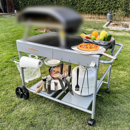 BBQMall Upgraded Pizza Oven Cart Table for Ooni Koda/Karu/Fyra 16 & 12, Movable Thicken & Widen Rolling Kitchen Cart, Outdoor Grill Stand for Ninja Woodfire,Blackstone Griddle,Barbecue Tool Set