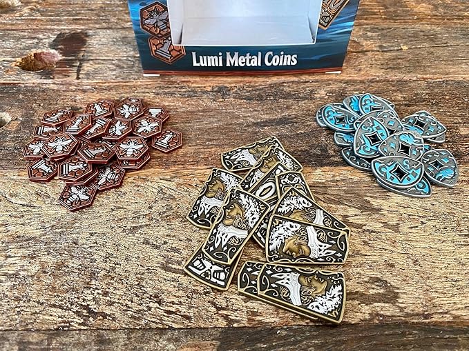Merchants of The Dark Road: Lumi Metal Coins – Deluxe Metal Currency Upgrade for Board Game | Dual-Masked Multi-Color Coins | 1 5 &amp 10 Value Token Set