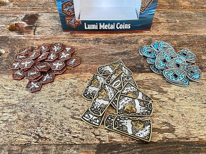 Merchants of The Dark Road: Lumi Metal Coins – Deluxe Metal Currency Upgrade for Board Game | Dual-Masked Multi-Color Coins | 1 5 &amp 10 Value Token Set