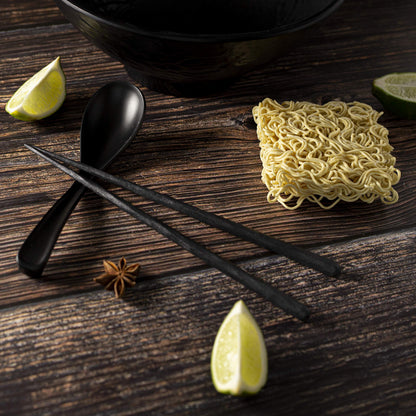 TERRA HOME Ramen Bowl and Spoon Set with Chopsticks - Large Pho Bowls and Spoons Set Unbreakable Japanese Melamine Ramen Bowl - 6 Piece Matte Black Asian Ramen Noodle and Soup Bowls - 54 Ounce