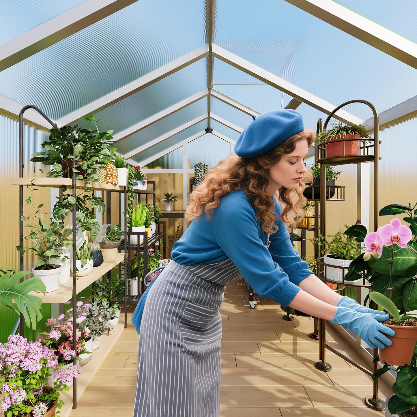 8x12 FT Greenhouse, Easy Assembly Aluminum Polycarbonate Greenhouses for Outdoors with Roof Vent, Large Aluminum Walk-in Greenhouse for Sunroom Patio, Backyard, Garden, Sliding Lockable Door, Silver