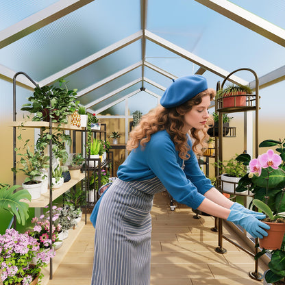 8x12 FT Greenhouse, Easy Assembly Aluminum Polycarbonate Greenhouses for Outdoors with Roof Vent, Large Aluminum Walk-in Greenhouse for Sunroom Patio, Backyard, Garden, Sliding Lockable Door, Silver