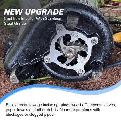 NLIEOPDA 1HP Sewage Grinder Sump Pump, Submersible Effluent Pumps 110V 6400 GPH Auto Float Switch, Cast Iron, 2'' NPT Discharge for Basement, Sump Basin, Residential Sewage