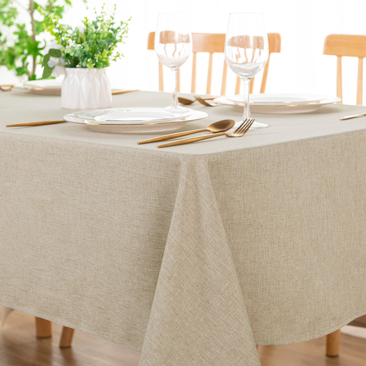 DWCN Faux Linen Tablecloth Rectangle - Beige Tablecloths Fabric Waterproof Spill-Proof Wrinkle and Stain Resistant Decorative Farmhouse Table Cover for Kitchen Dining Party, 60 x 102 Inch
